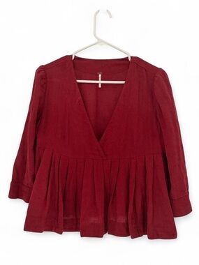 Free People V-Neck Pleated Peplum Tunic - Burgundy